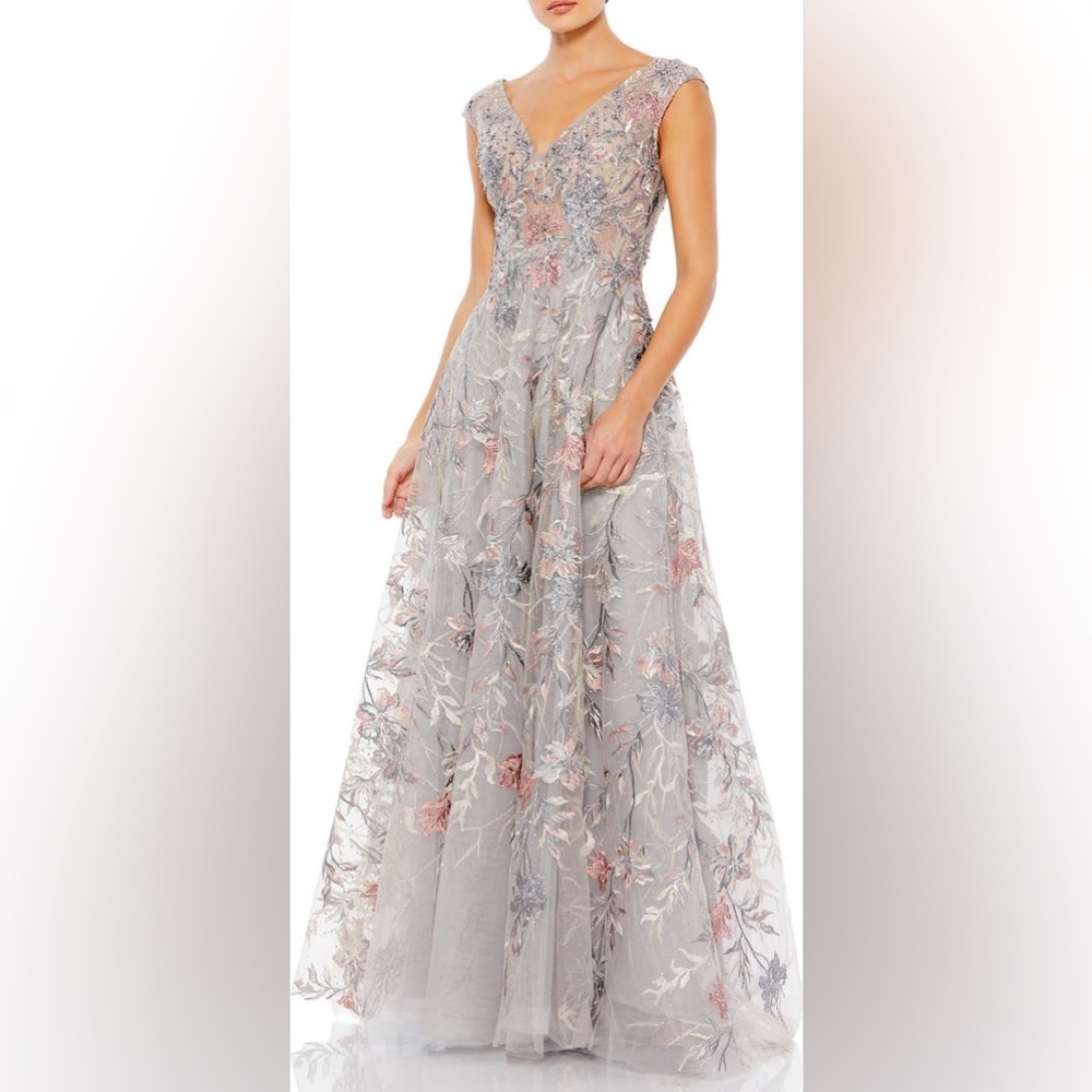 Mac Duggal Floral Embroidered V-Neck Sleeveless A-Line Gown
